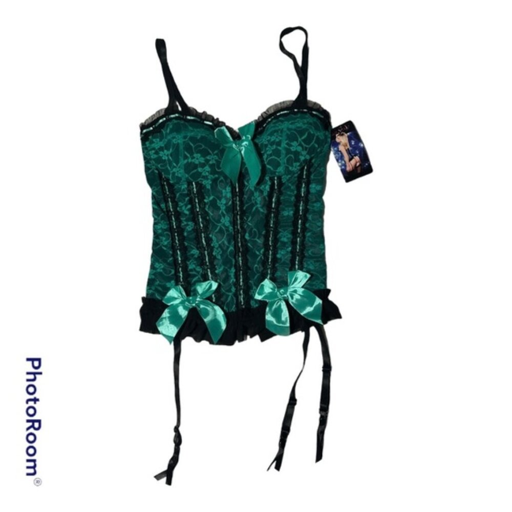 NWT Womans Just Sexy Intimates Green Black Lace Ribbon Bows Bustier Size Medium